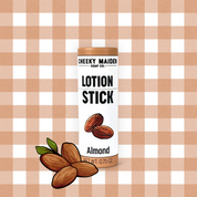 Lotion stick with almond illustration on a checkered background