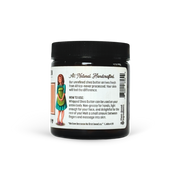 Jar of shea butter with a label on a white background