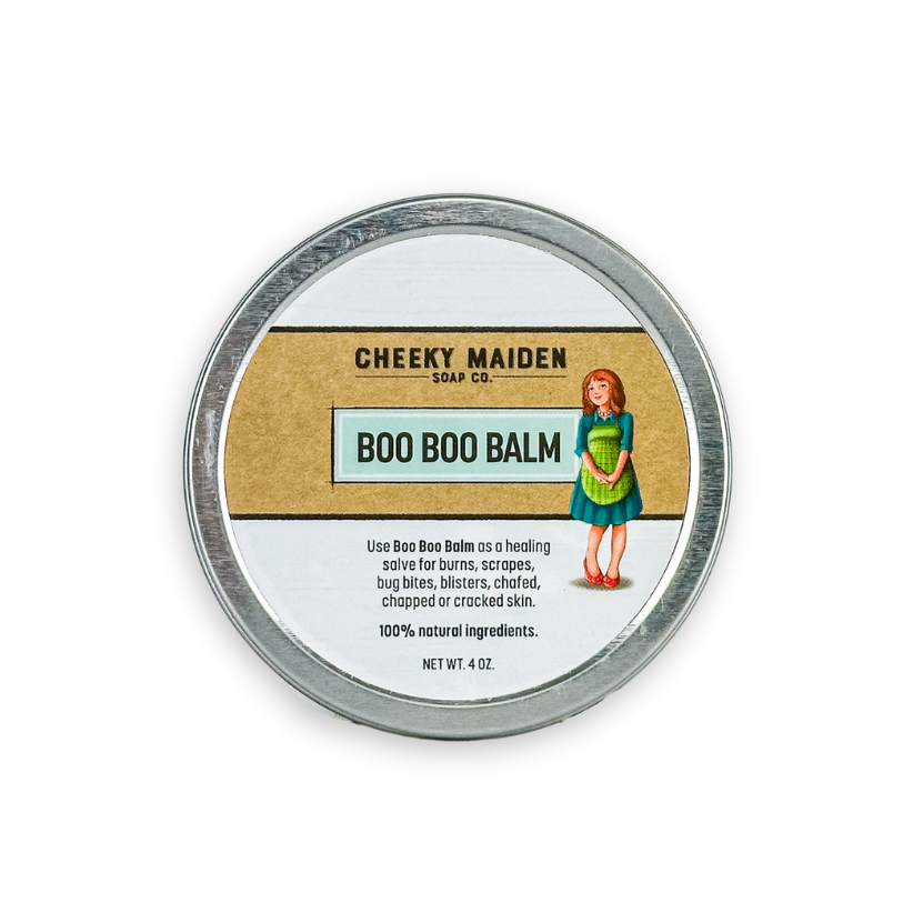 Boo Boo Balm container with 'Cheeky Maiden Soap Co.' label on a white background