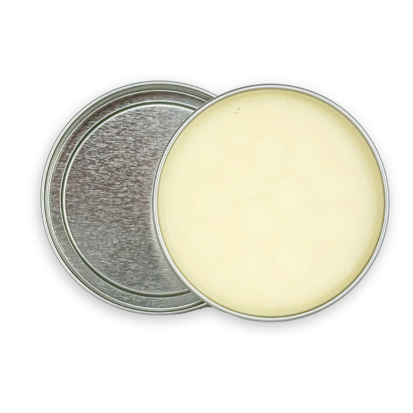 Metallic lid and beige container on a white background