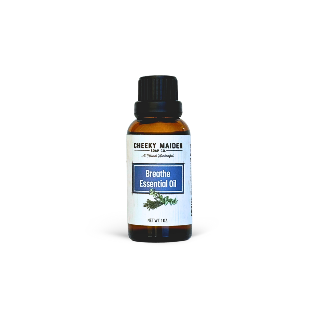 Bottle of Cheeky Maiden Breathe Essential Oil on a white background