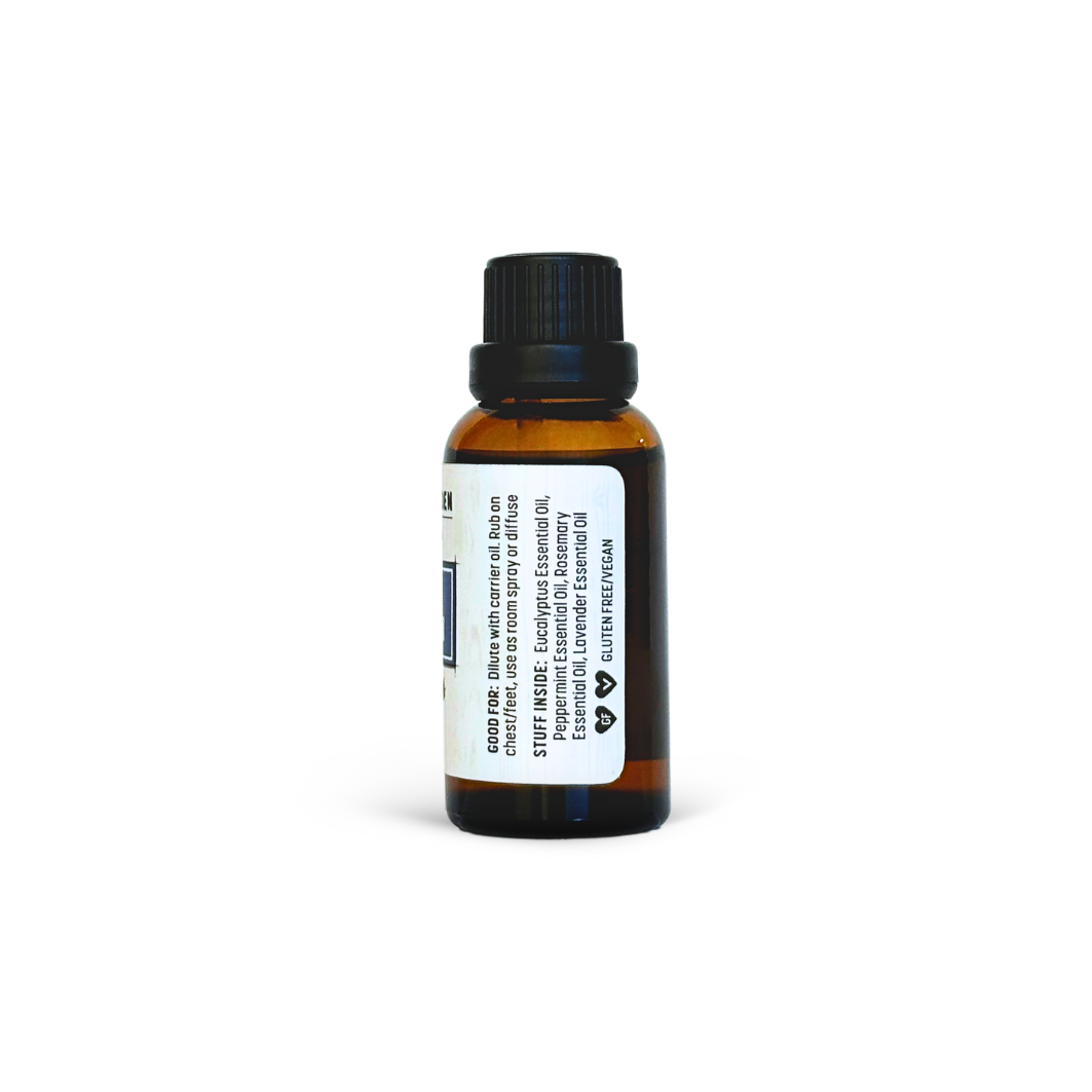 Essential oil bottle with a label on a white background
