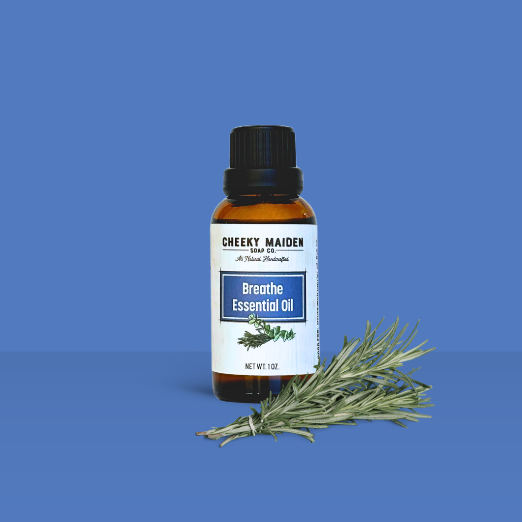 Essential oil bottle with a label on a blue background