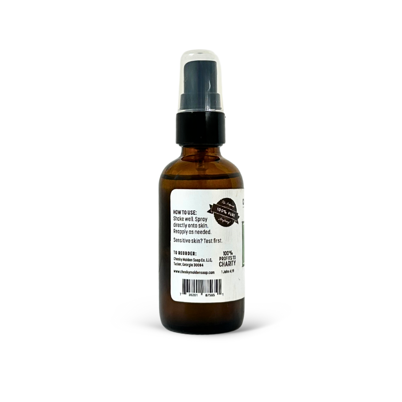 Brown spray bottle with a label on a white background