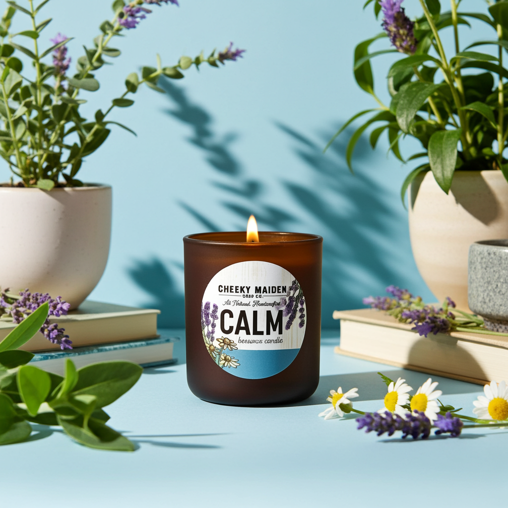 Candle labeled 'CALM' surrounded by plants and flowers on a blue background