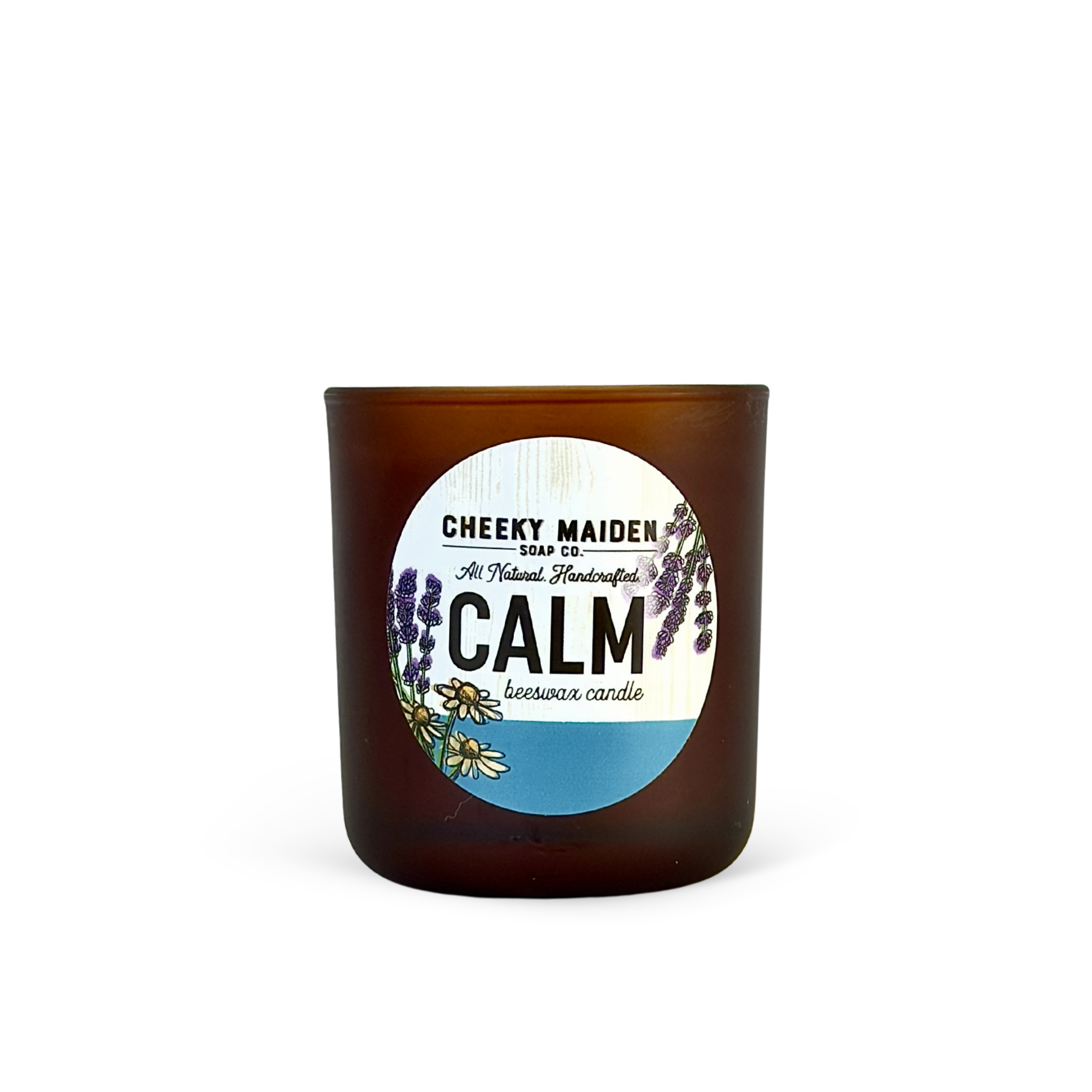 Brown candle with a label reading 'CALM' by Cheeky Maiden on a white background