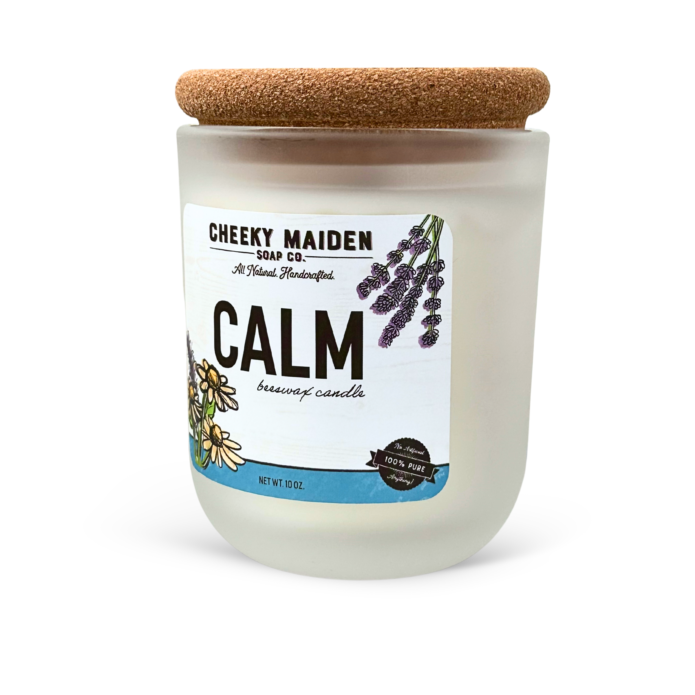 Candle with a label reading 'Calm' from Cheeky Maiden Soap Co. on a white background