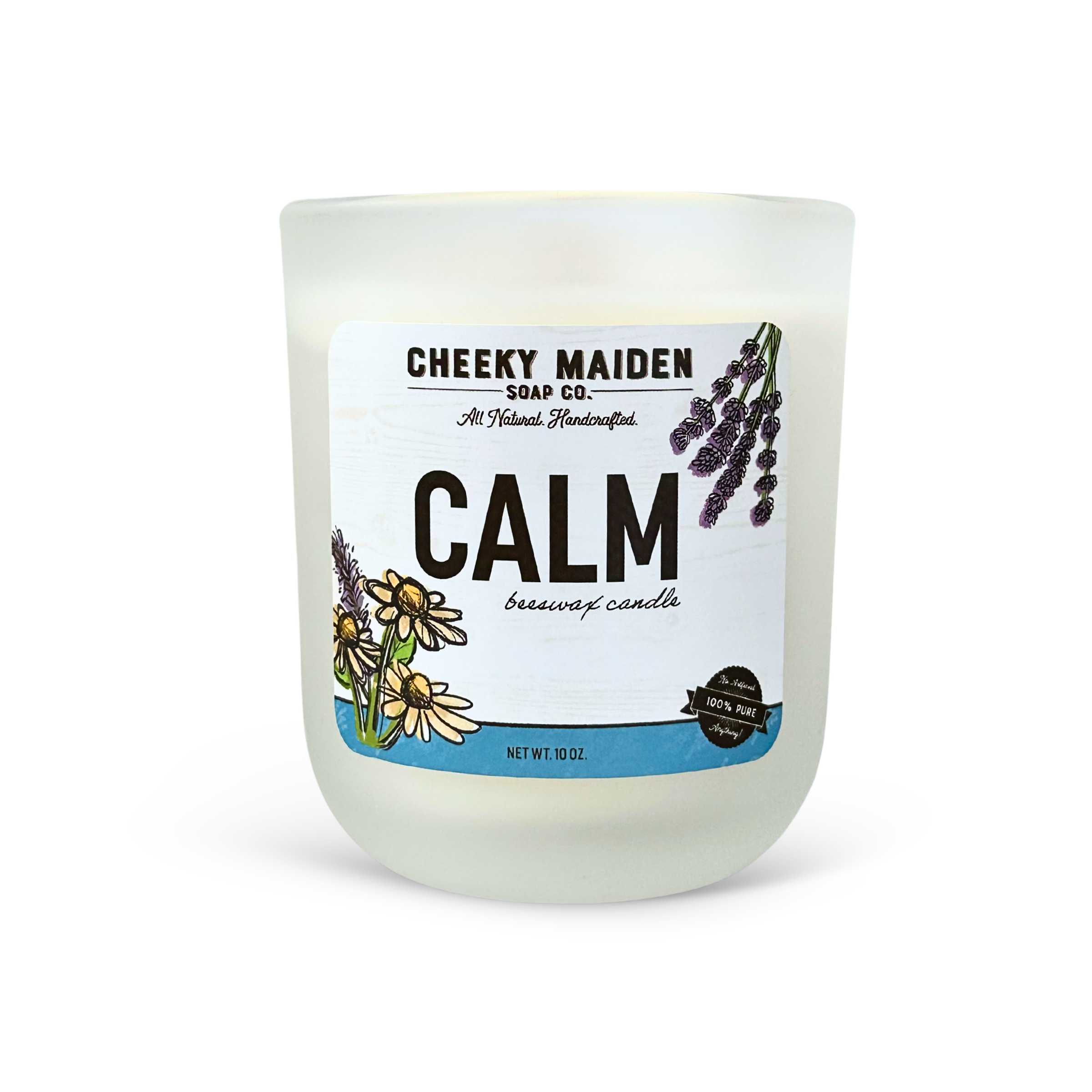 Candle with 'Cheeky Maiden Soap Co.' label on a white background