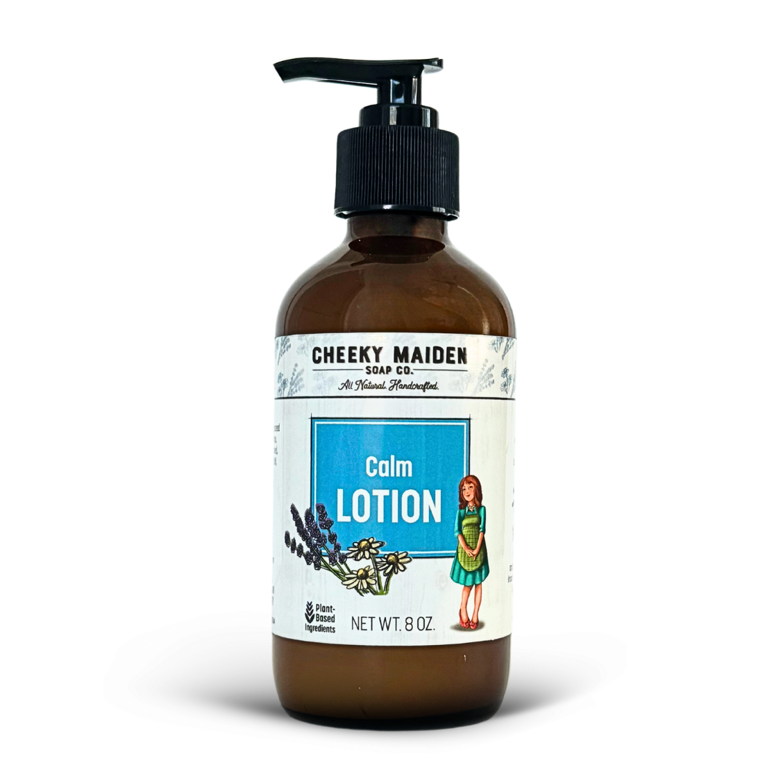 Brown lotion bottle with pump labeled 'Calm Lotion' by Cheeky Maiden Soap Co. on a white background