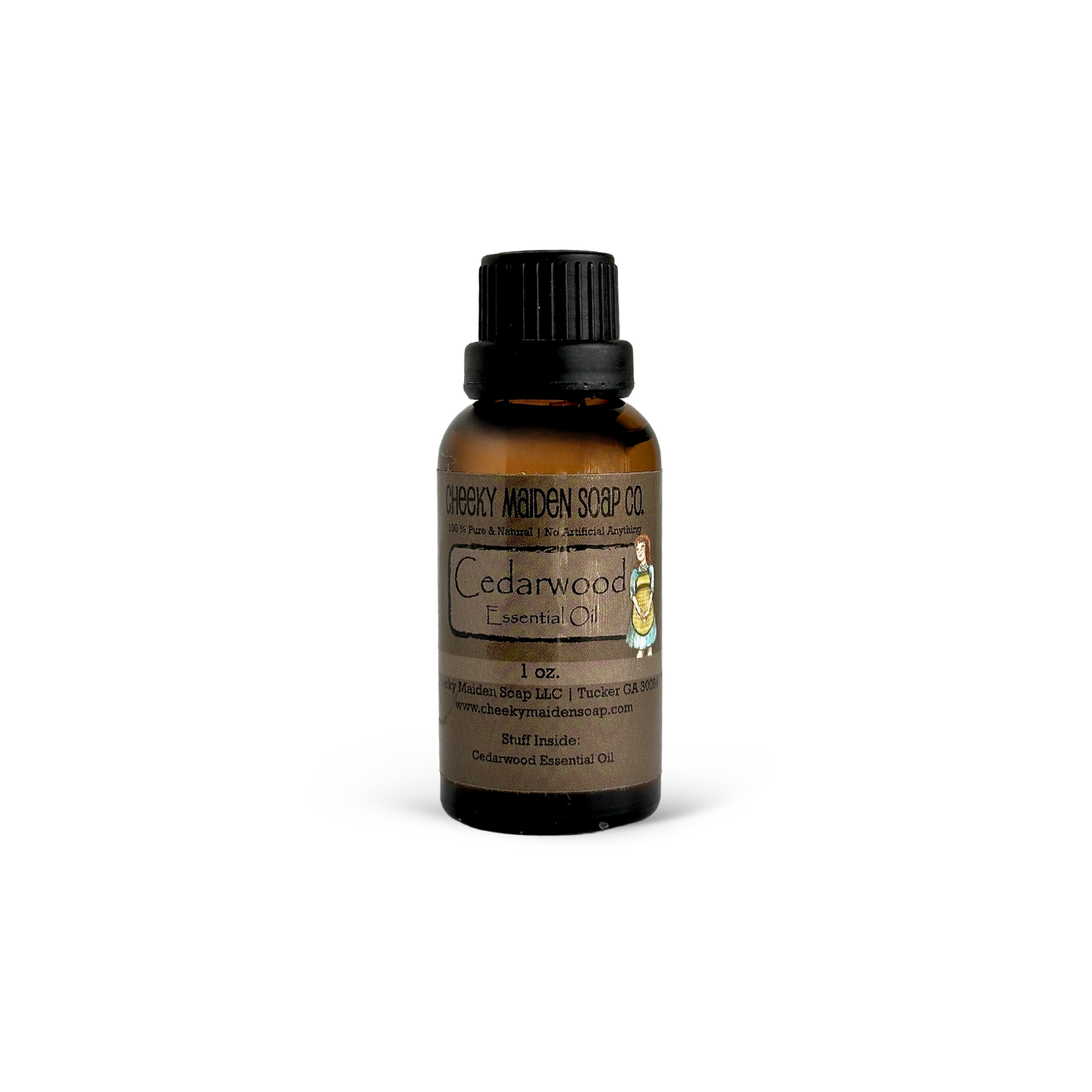 Bottle of Cedarwood essential oil with a label on a white background