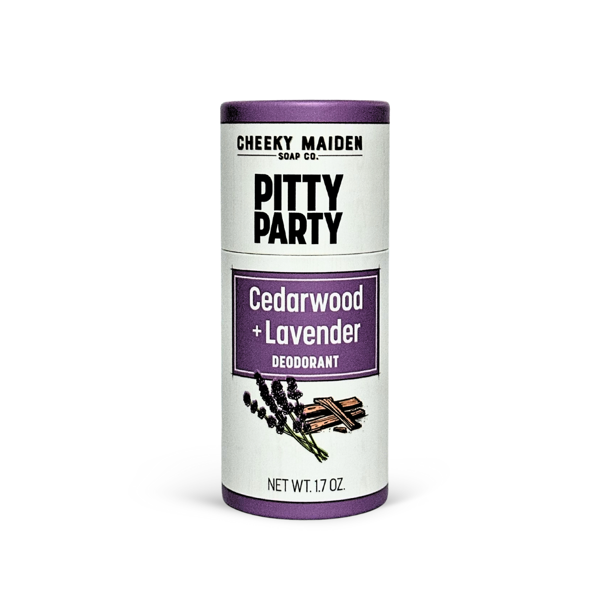 Deodorant canister labeled 'Pitty Party' with cedarwood and lavender design on a white background