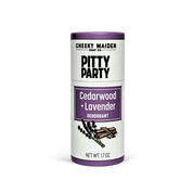 Deodorant canister labeled 'Pitty Party' with cedarwood and lavender design on a white background