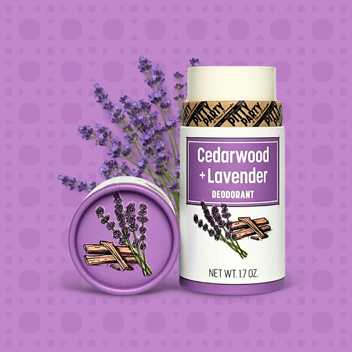Deodorant stick with cedarwood and lavender design on a purple background