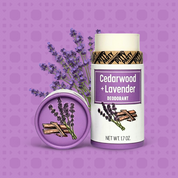 Deodorant stick with cedarwood and lavender design on a purple background
