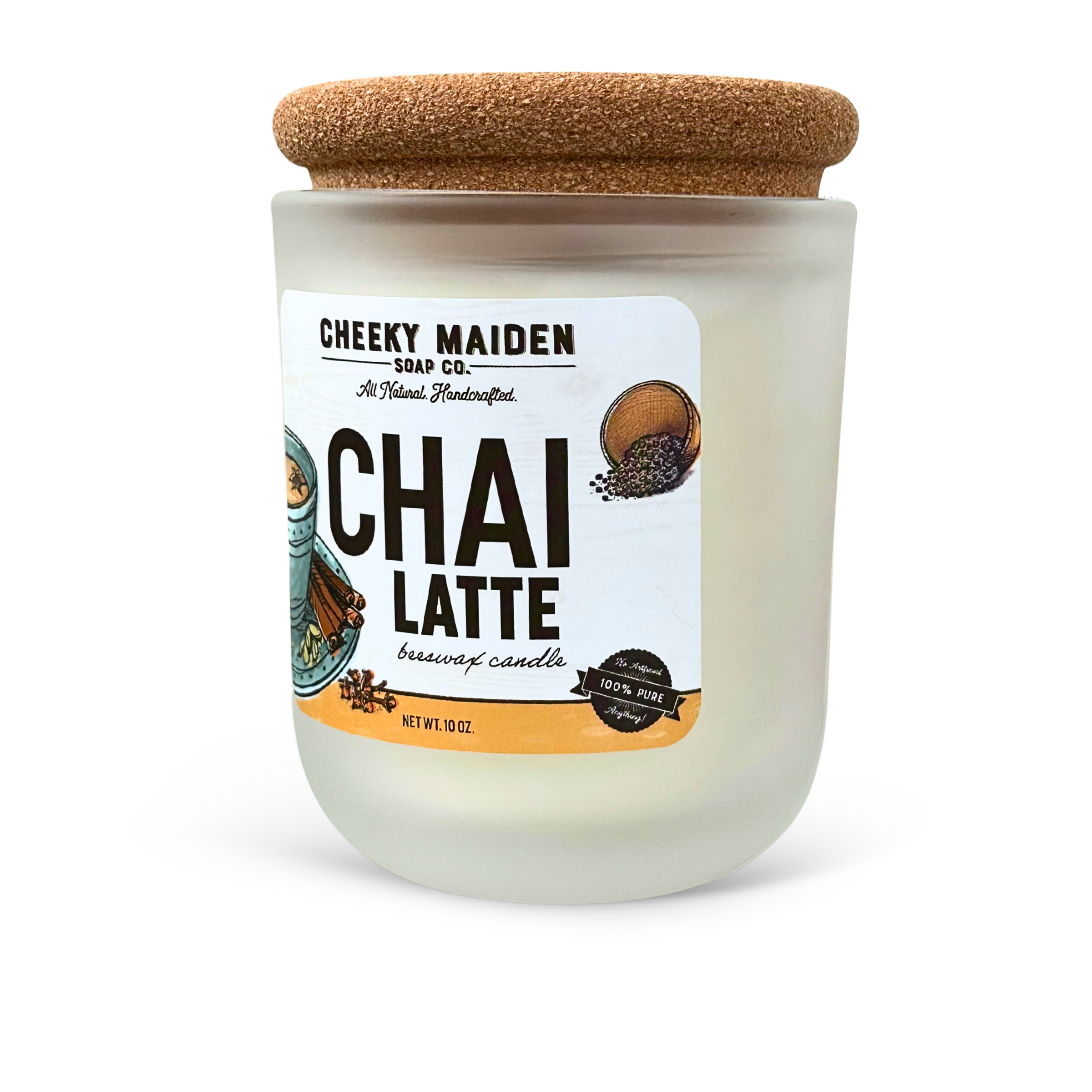Candle labeled 'Chai Latte' by Cheeky Maiden Soap Co. with a cork lid on a white background