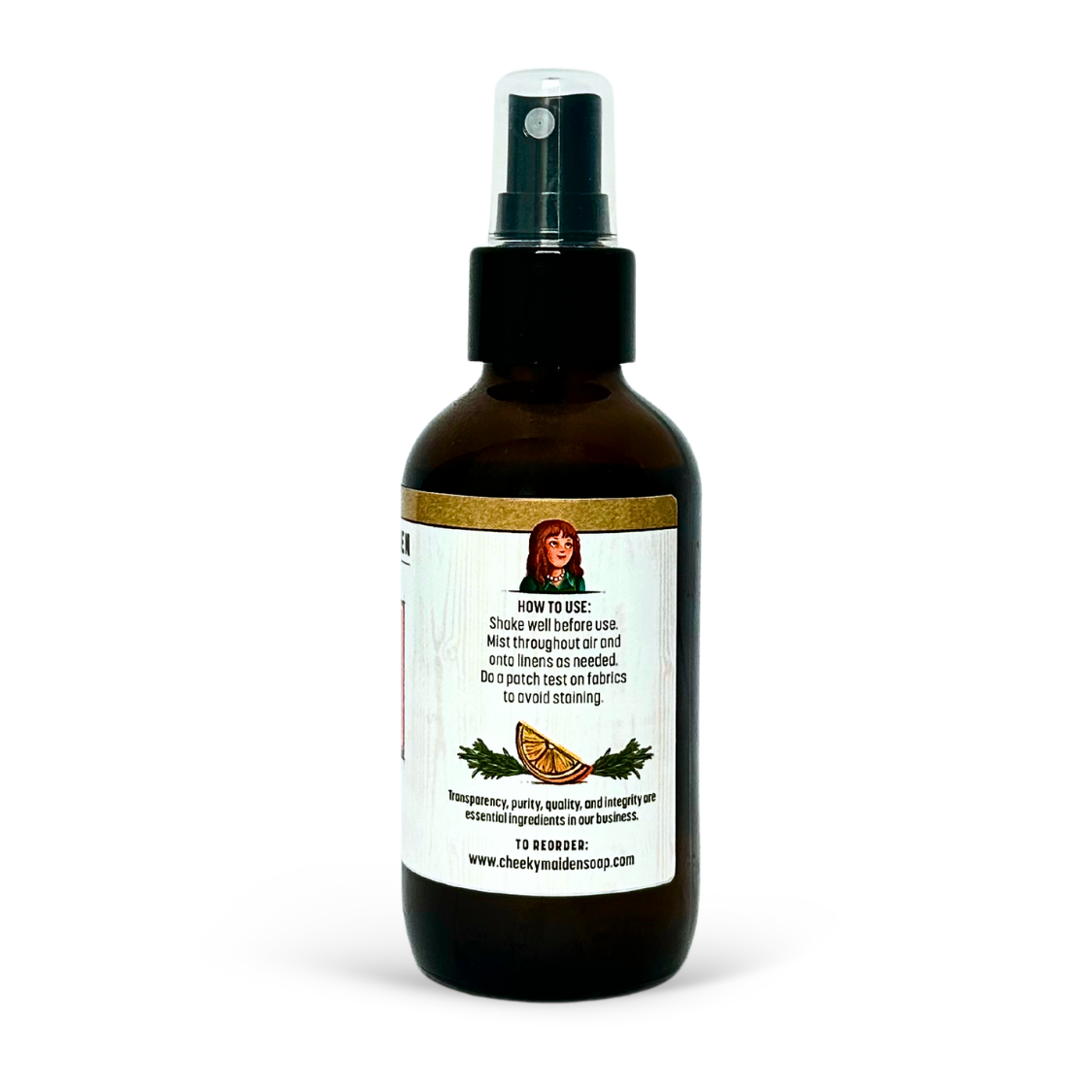 Brown spray bottle with a label on a white background