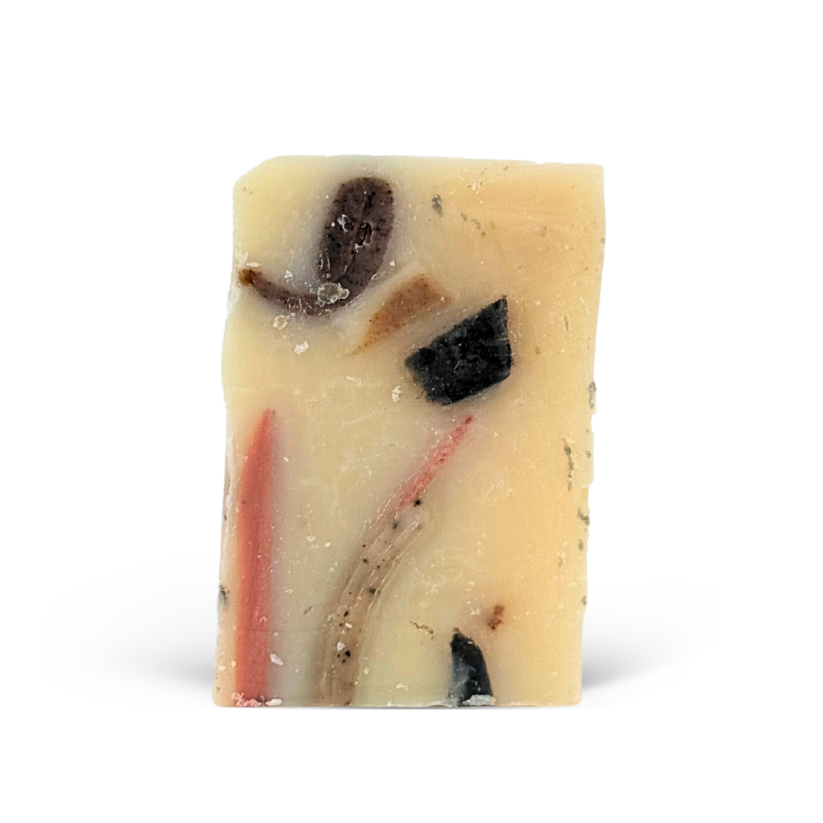 Rectangular soap bar with visible ingredients on a white background