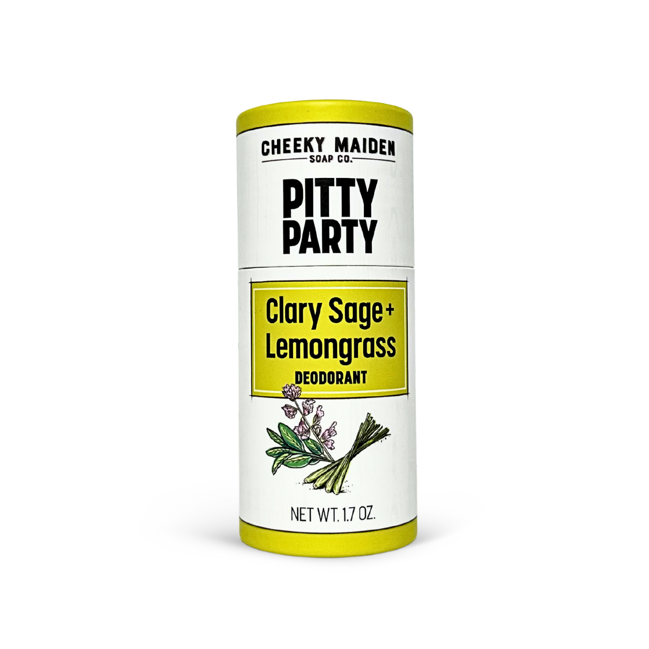 Deodorant container labeled 'Pitty Party' with Clary Sage + Lemongrass on a white background