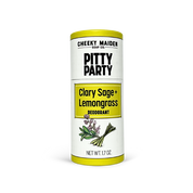 Deodorant container labeled 'Pitty Party' with Clary Sage + Lemongrass on a white background