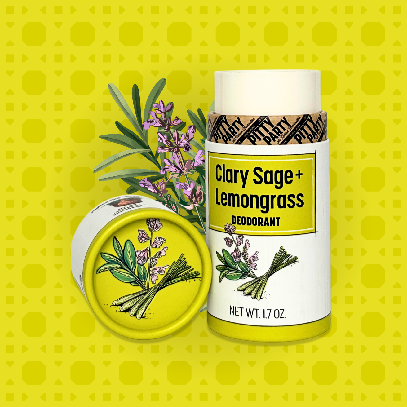 Clary Sage + Lemongrass deodorant with botanical illustration on a yellow background