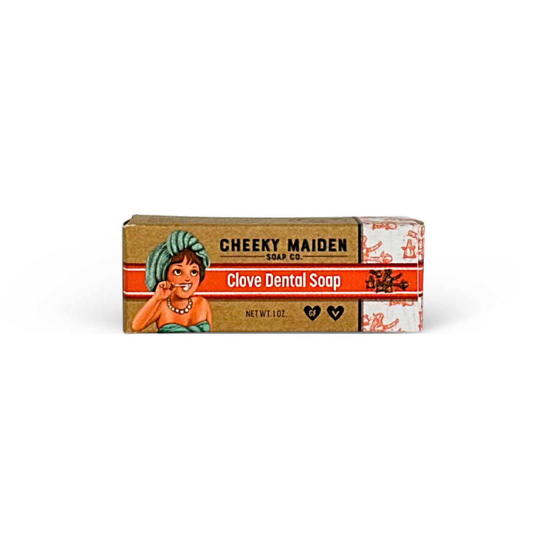 Bar of soap with 'Cheeky Maiden' packaging on a white background