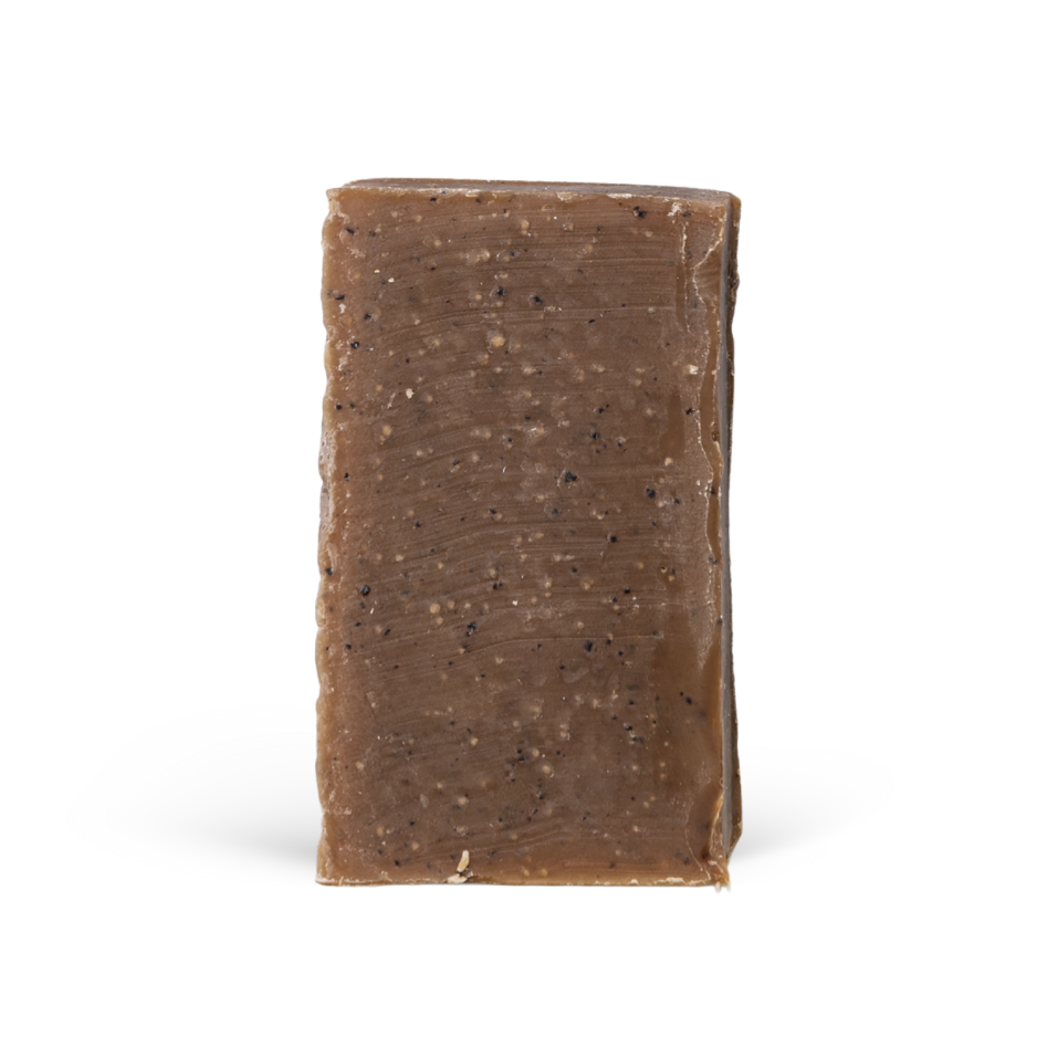Rectangular bar of brown soap on a white background