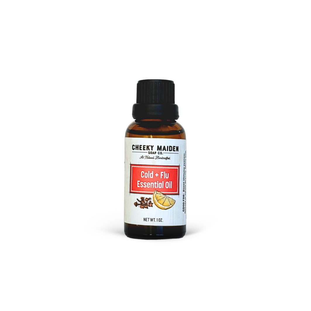 Cheeky Maider Cold + Flu essential oil bottle on a white background