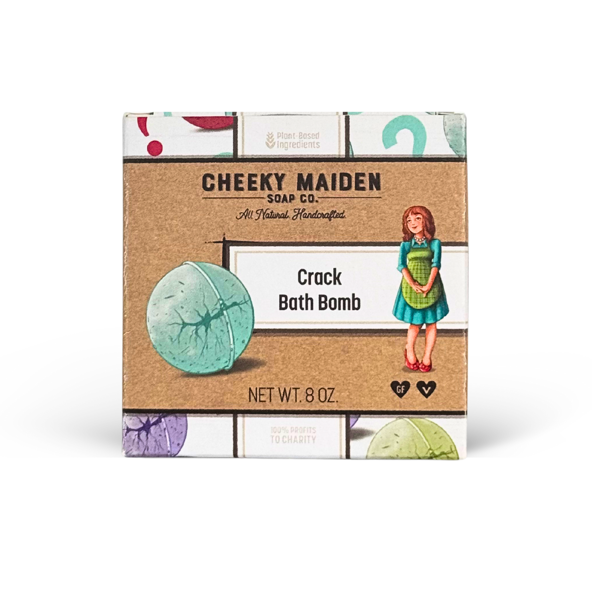 Box of Cheeky Maiden Soap Co. Crack Bath Bomb with a green bath bomb on a white background