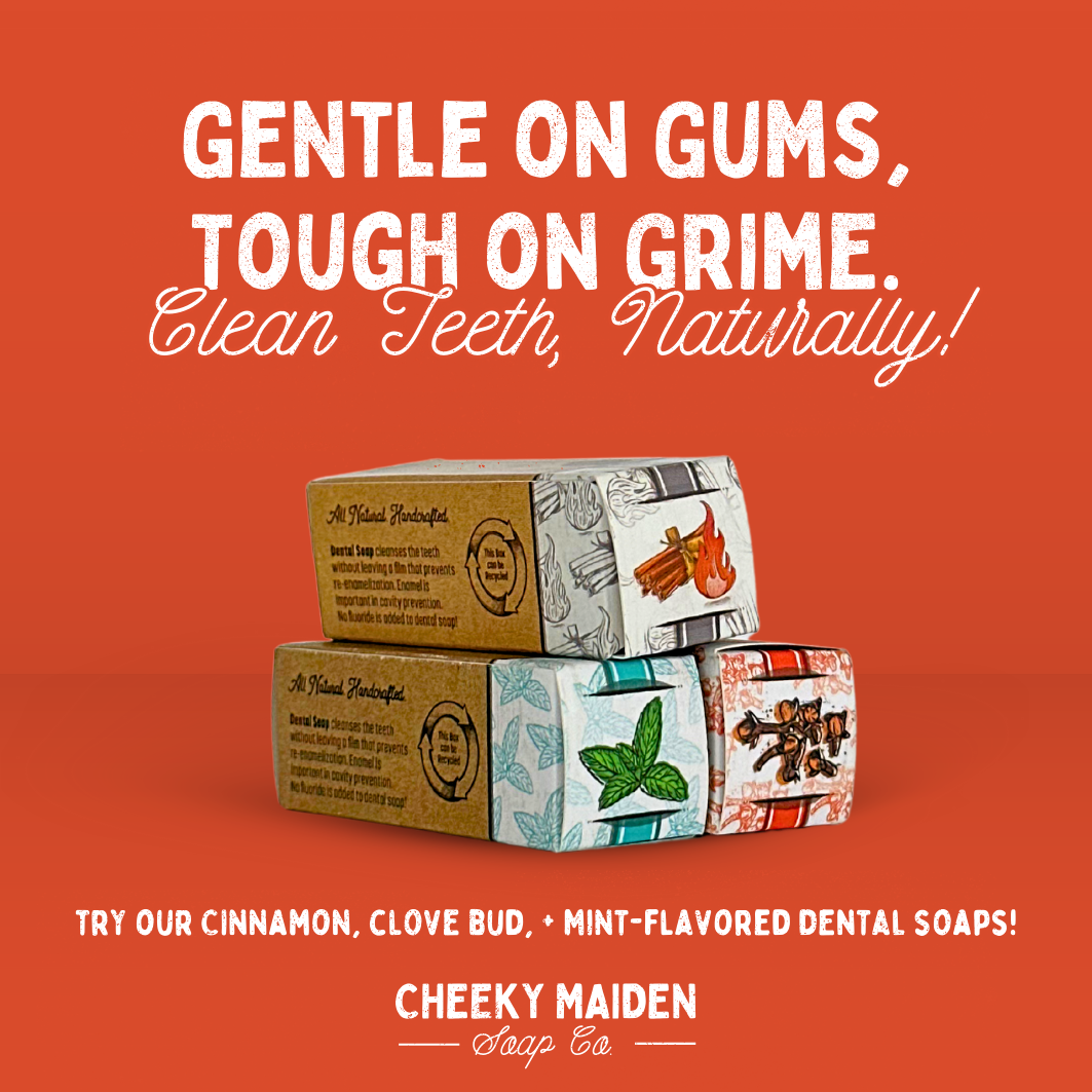 Dental soap packaging with text on an orange background, featuring the brand 'Cheeky Maiden Soap Co'.