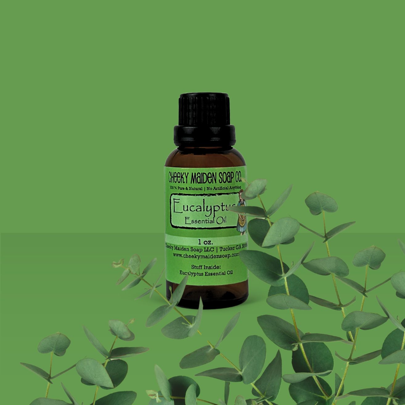 Bottle of Eucalyptus Essential Oil with eucalyptus leaves on a green background