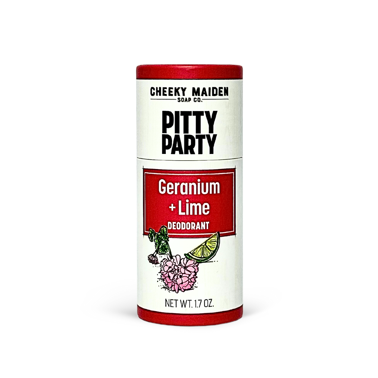 Deodorant canister with 'Pitty Party' flavor on a white background