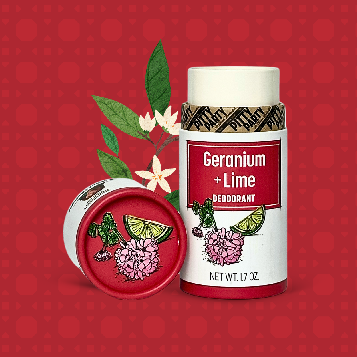 Deodorant container with floral design on a red background