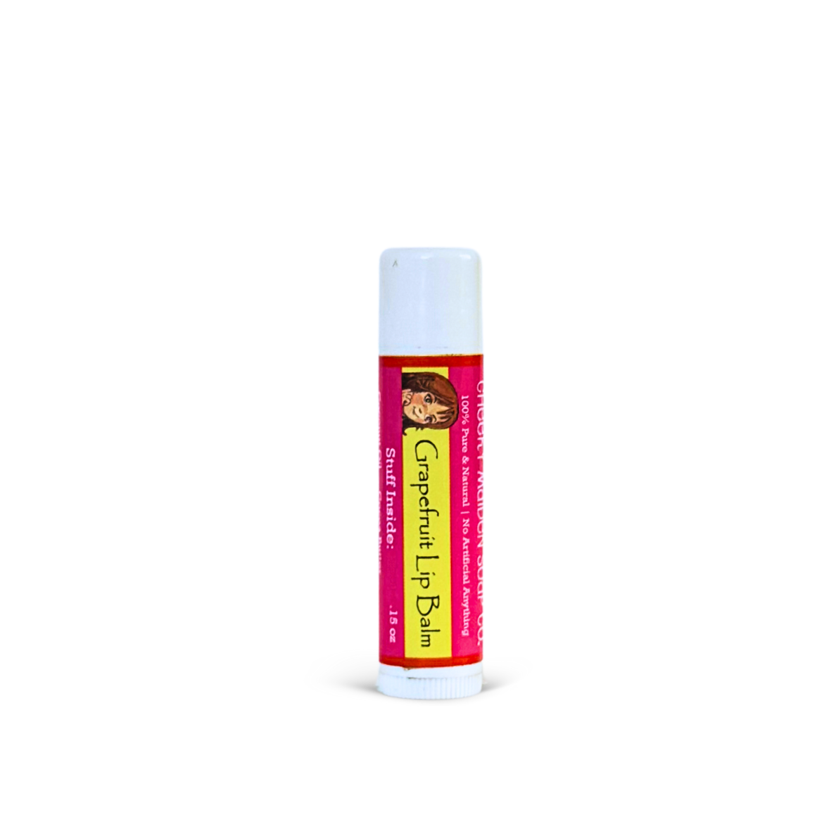 Grapefruit lip balm with a yellow label on a white background