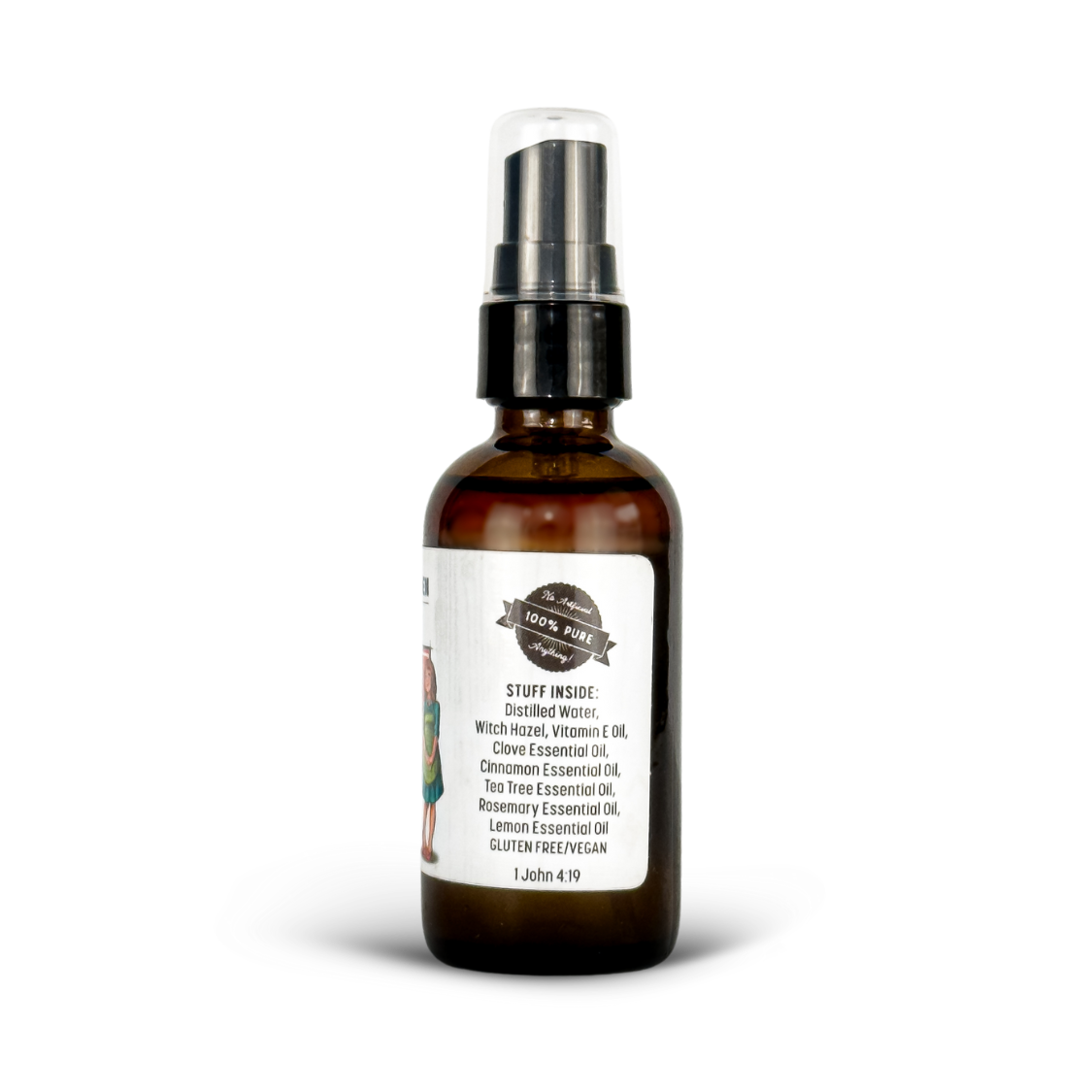 Brown spray bottle with a label on a white background