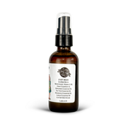Brown spray bottle with a label on a white background
