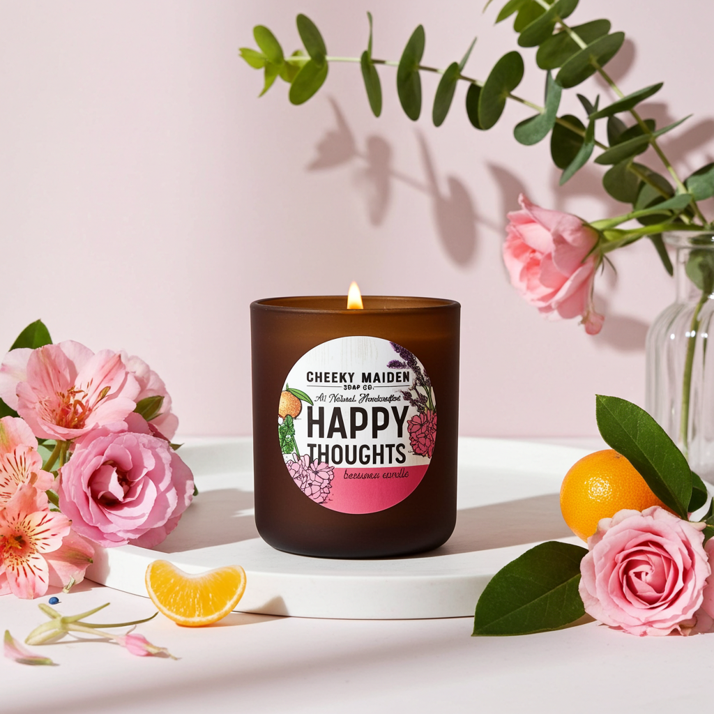 Candle labeled 'Happy Thoughts' with pink roses and green leaves on a light background