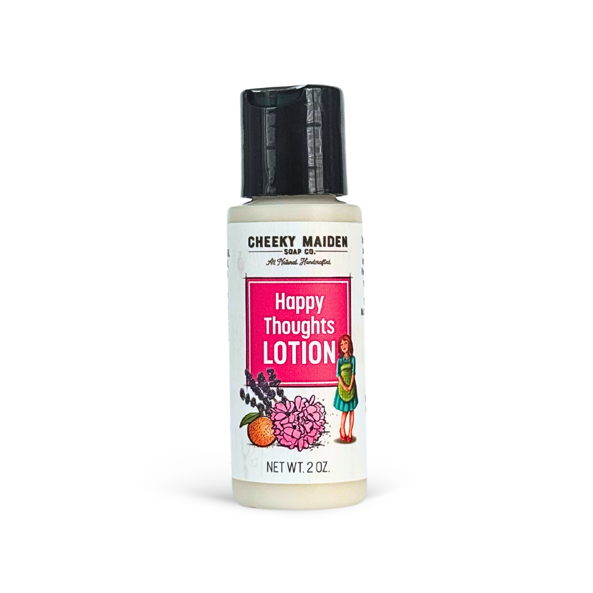Bottle of 'Happy Thoughts Lotion' by Cheeky Maiden on a white background