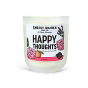 Candle with 'Happy Thoughts' label and floral design on a white background
