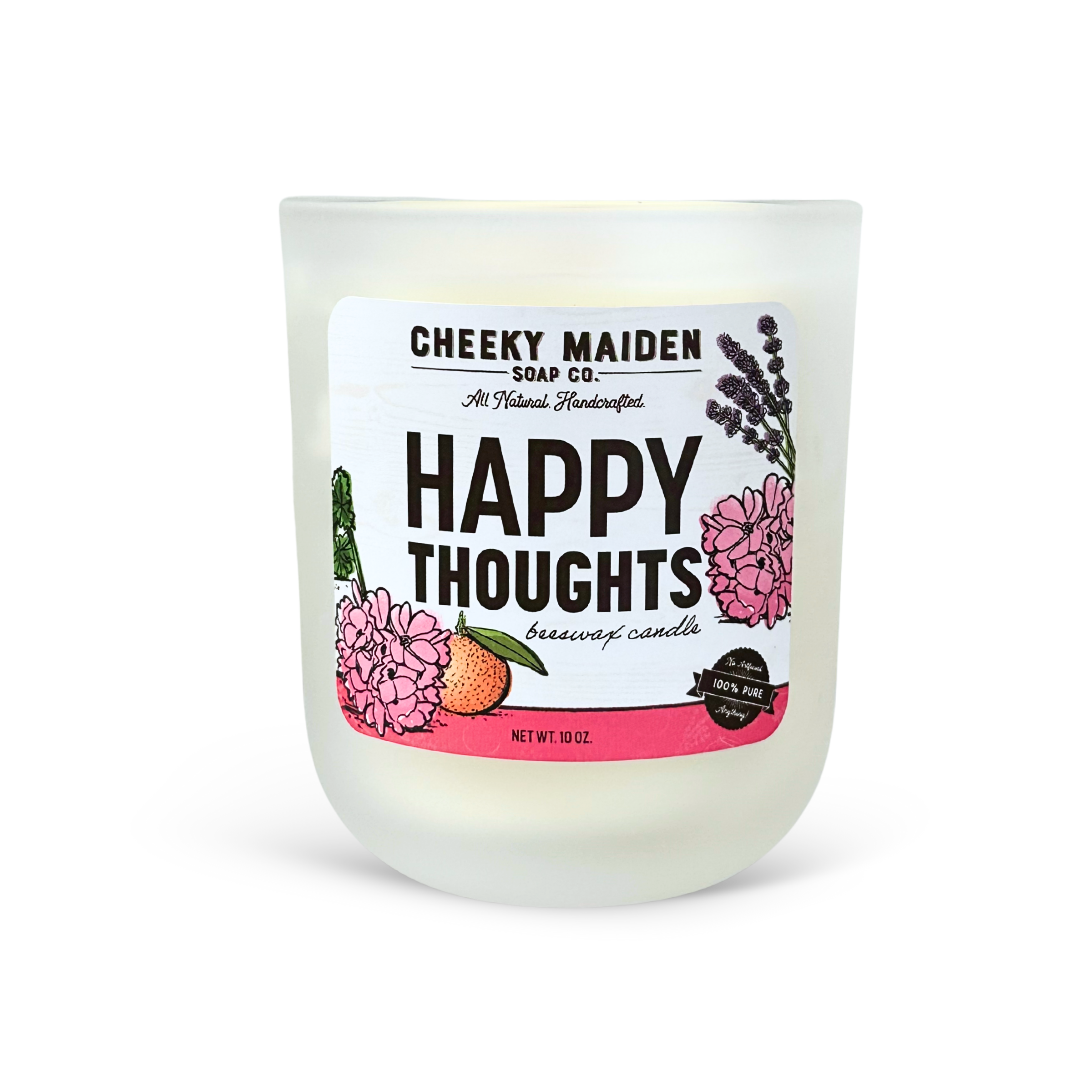 Candle with 'Happy Thoughts' label and floral design on a white background