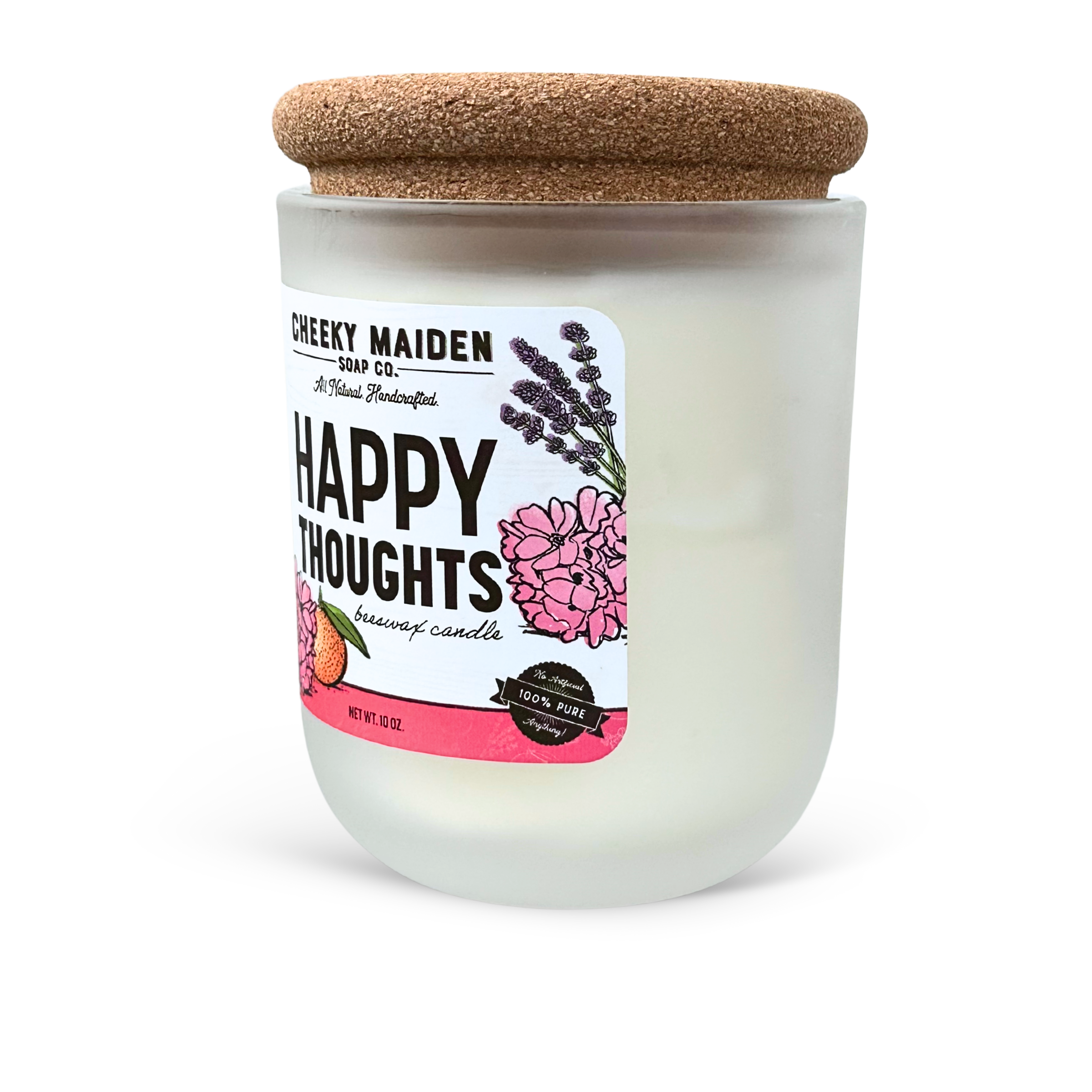 Candle in a glass jar with a cork lid, featuring a label on a white background