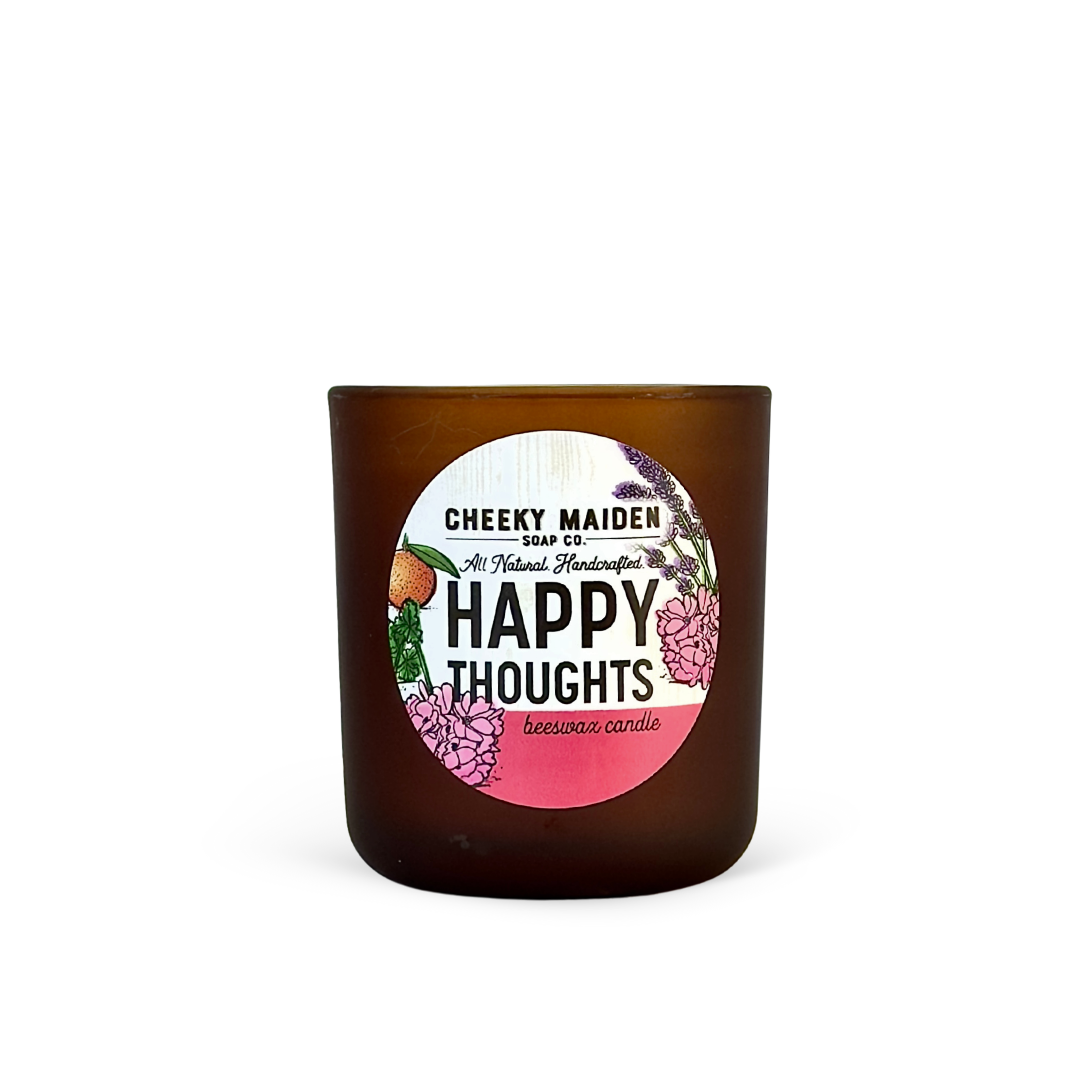 Candle with 'Happy Thoughts' label on a white background