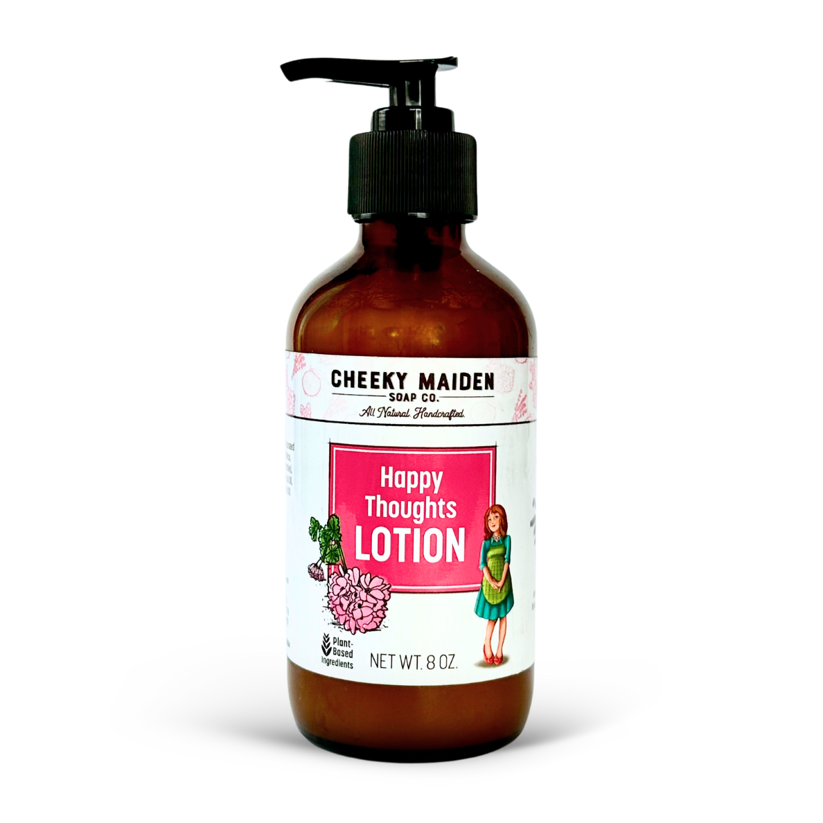 Brown lotion bottle with a label for 'Happy Thoughts Lotion' by Cheeky Maiden Soap Co. on a white background.