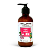 Brown lotion bottle with a label for 'Happy Thoughts Lotion' by Cheeky Maiden Soap Co. on a white background.