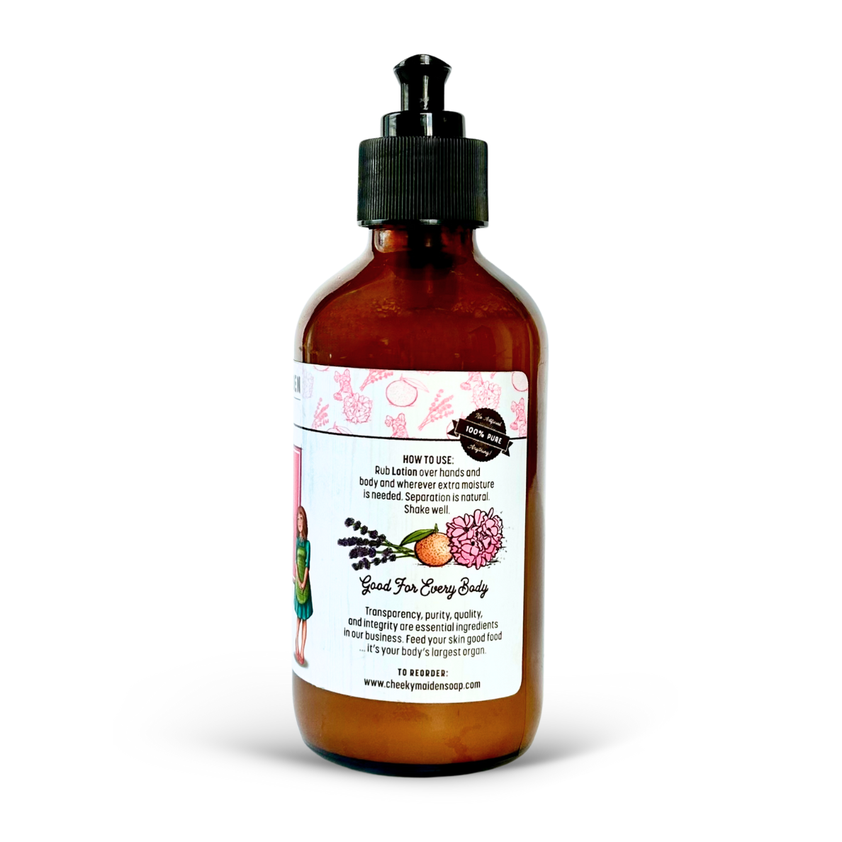 Amber glass bottle with a black pump on a white background