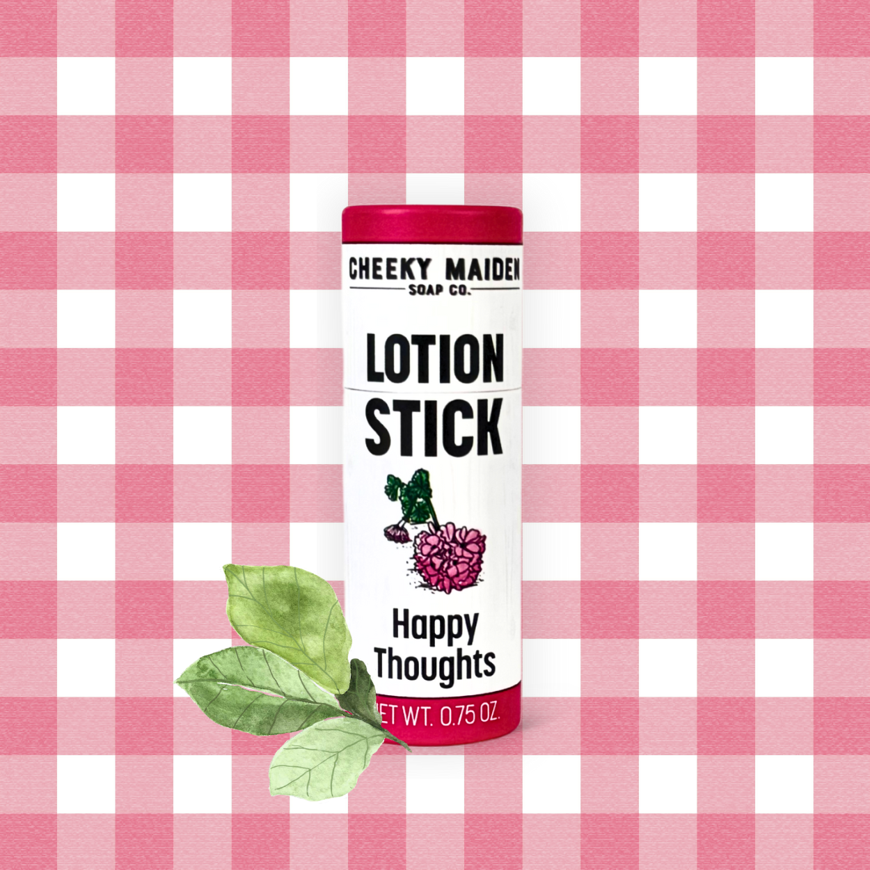 Lotion stick with 'Happy Thoughts' on a pink and white checkered background