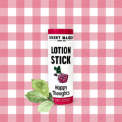 Lotion stick with 'Happy Thoughts' on a pink and white checkered background