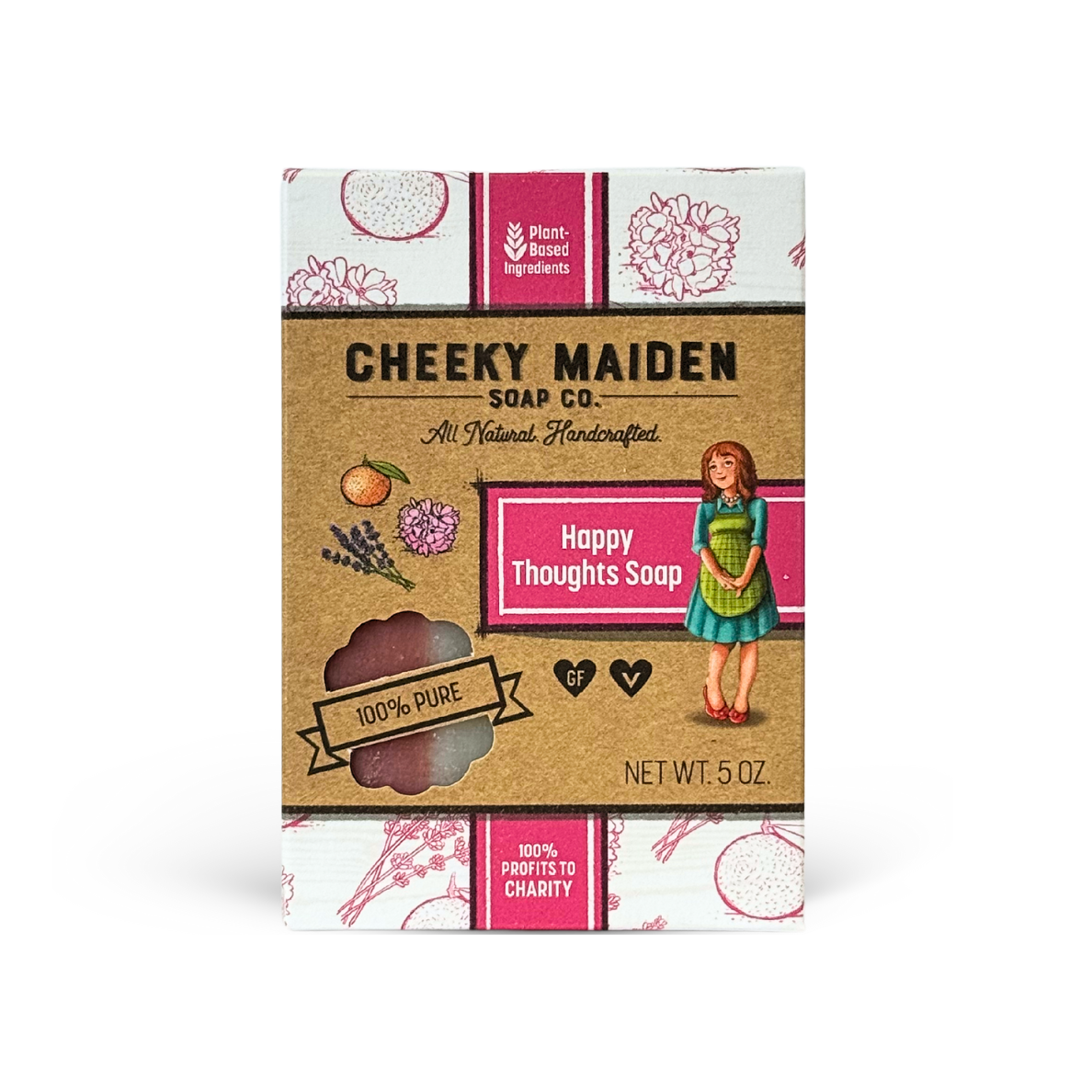 Cheeky Maiden Soap Co. packaging with branding and product details on a white background