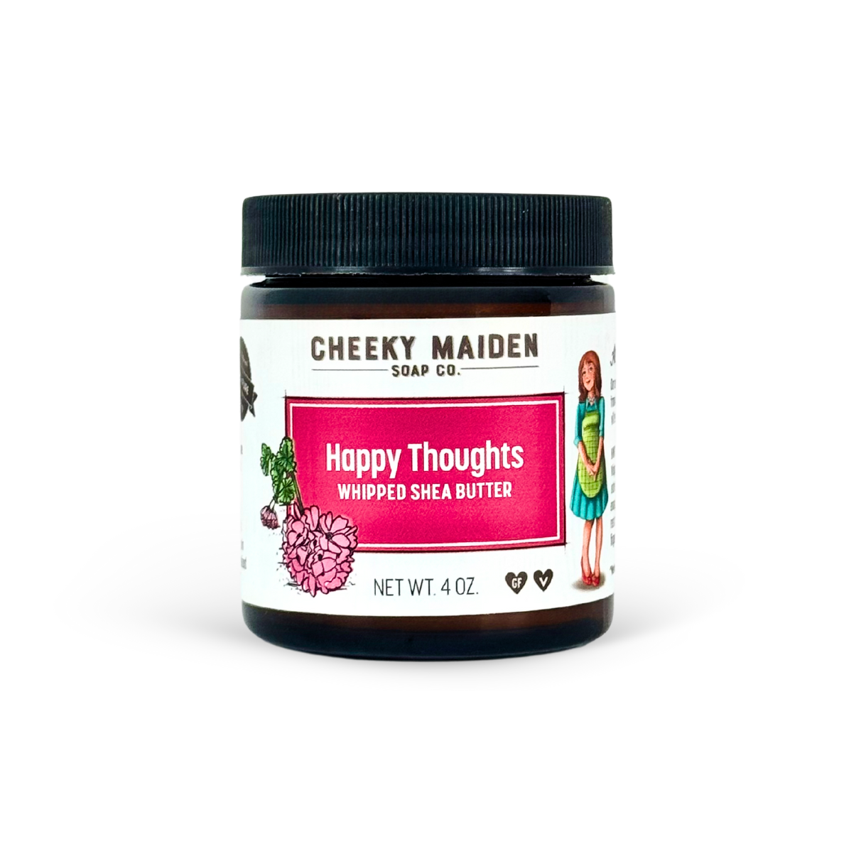 Jar of 'Happy Thoughts' whipped shea butter from Cheeky Maiden Soap Co. on a white background