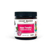 Jar of 'Happy Thoughts' whipped shea butter from Cheeky Maiden Soap Co. on a white background