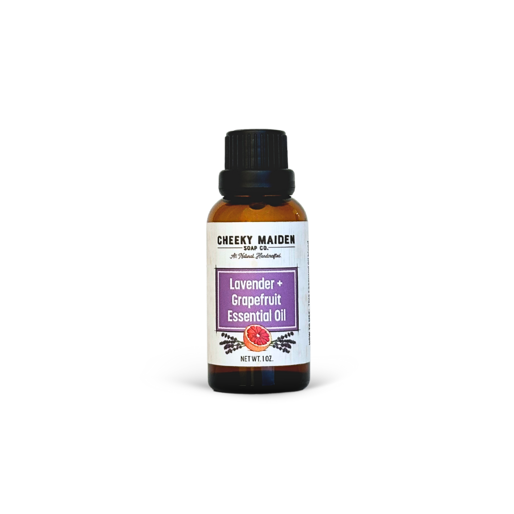 Bottle of Cheeky Maiden Lavender Grapefruit Essential Oil on a white background